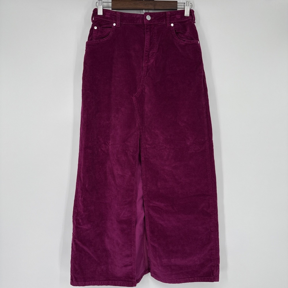 Anthropologie Pilcro Madi FrontSlit Corduroy Maxi Skirt Magenta Sz 2 Boho A-Line - Picture 2 of 8